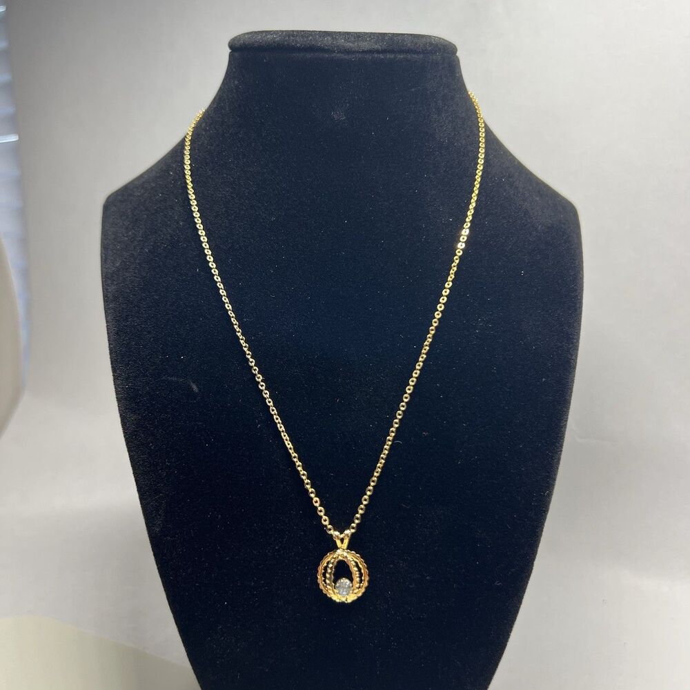Vtg Gold Tone Open Heart Orbit Cage Pendant Necklace Faux Aquamarine Blue 18"